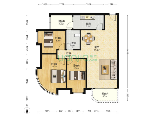 嘉银华庭 3室1厅1卫 116平方