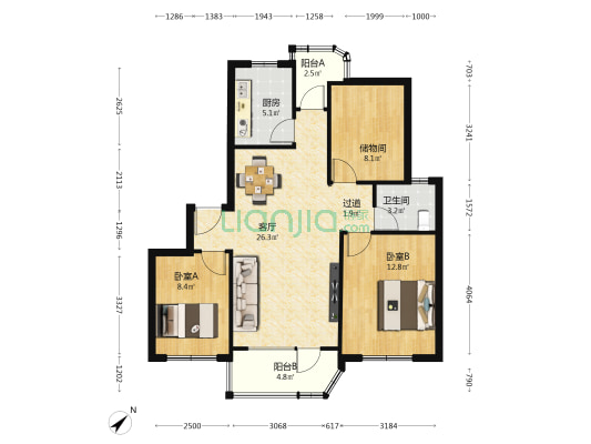 机场企岗山花园 2室1厅1卫 87平方