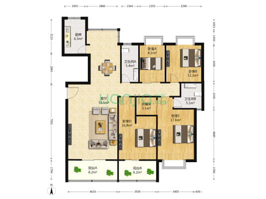 和諧花園 4室1厅2卫 166平方
