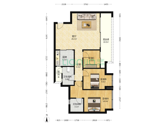 融创云翠 3室1厅2卫 93平方
