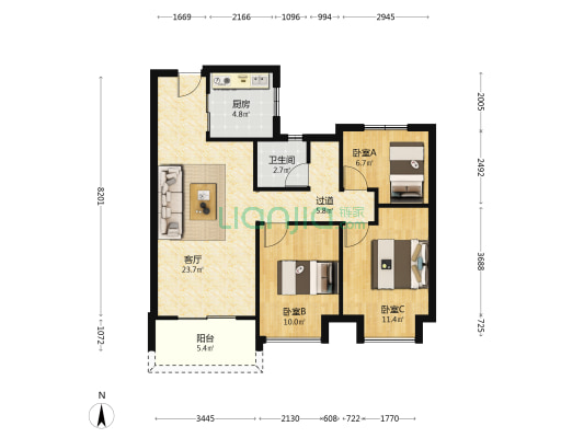 万科东湖堤白 3室1厅1卫 92平方