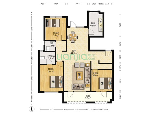 天泰阳光水岸 3室1厅2卫 128平方