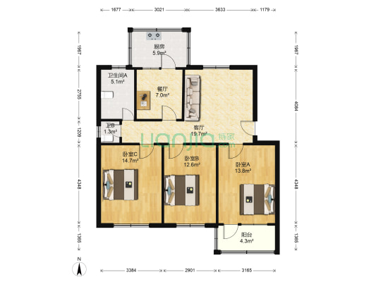 军旅苑 3室2厅2卫 106平方