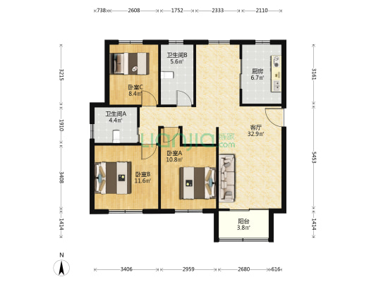 汇福家园泰和里 3室1厅2卫 123平方
