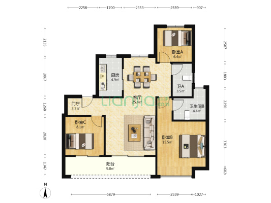 华发四季 3室1厅2卫 100平方