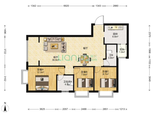 金马腾苑 3室1厅2卫 110平方