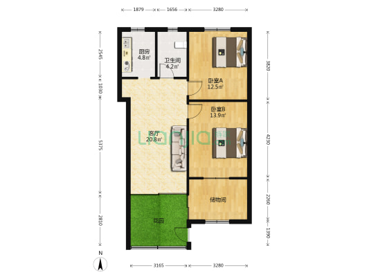 枫林路15-2号 2室1厅1卫 74平方