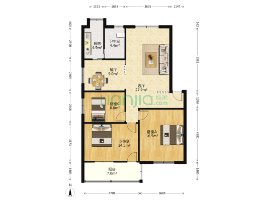伍家岭小区 3室2厅1卫 108平方