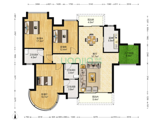 天湖郦都 3室1厅3卫 137平方