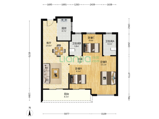 阳光城勤业锦上 3室1厅2卫 95平方