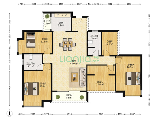 天誉花园5组团 5室1厅2卫 145平方