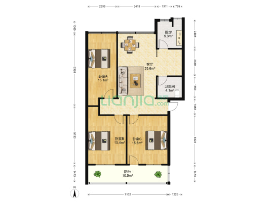 高新公寓 3室1厅1卫 110平方