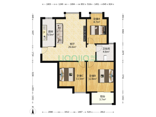 滨湖康园北区 3室1厅1卫 90平方