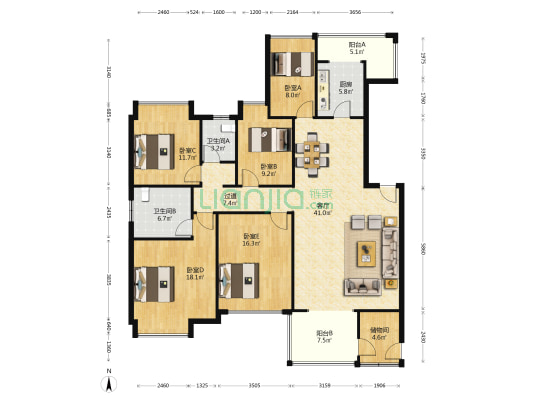 松雅湖壹号 5室1厅2卫 171平方
