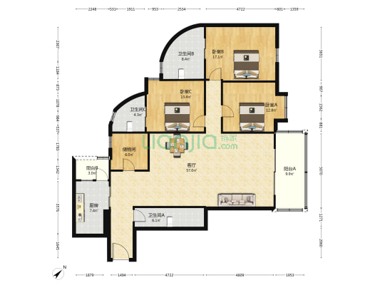 富域华府 3室1厅3卫 179平方