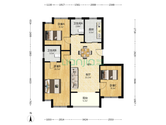 金融湾晶珺 3室1厅2卫 98平方