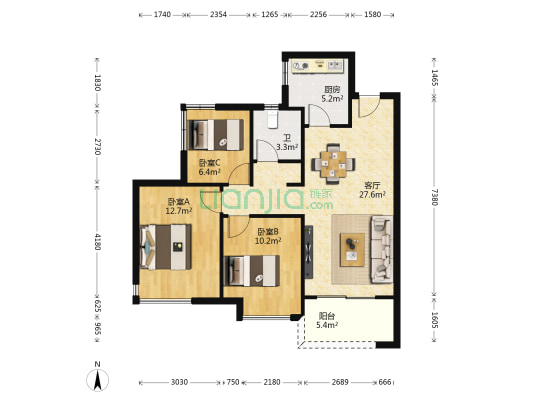 金科集美天辰湾 3室1厅1卫 91平方