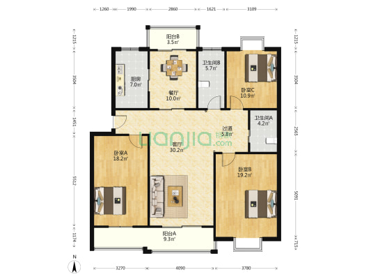 天河景园 3室2厅2卫 139平方