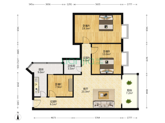 凤麟苑 3室1厅1卫 116平方