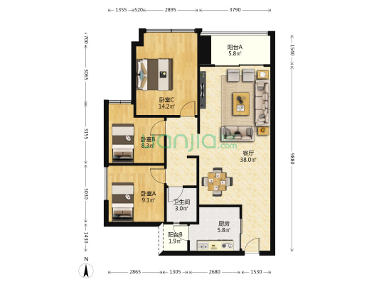 保利天际 3室1厅1卫 137平方