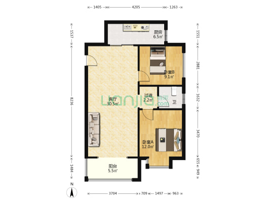 同运·兰亭公寓 2室1厅1卫 87平方