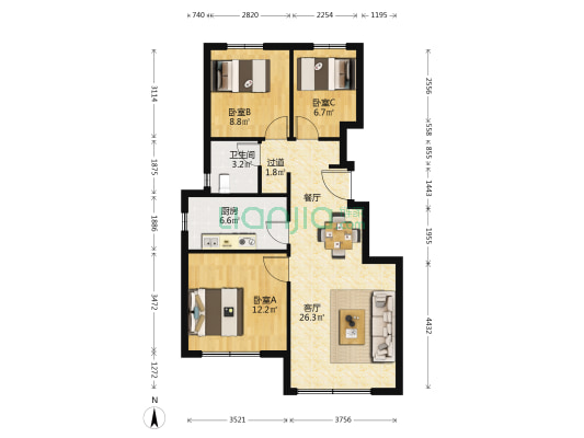 保利和府一期 3室1厅1卫 87平方
