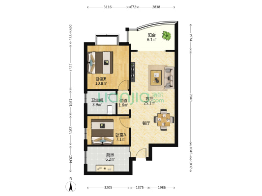 鹭江新城一二期 2室1厅1卫 78平方