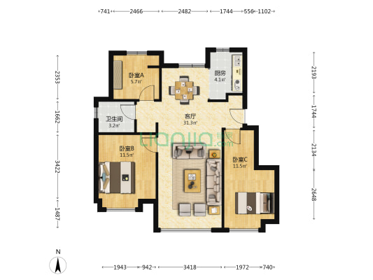 新城悦隽年华 3室1厅1卫 88平方