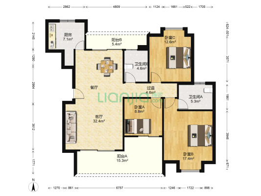 亚运城运动员村二区 3室1厅2卫 136平方