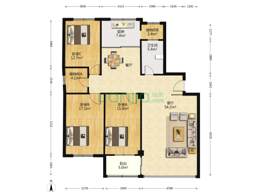 乐得家花园 3室1厅1卫 179平方
