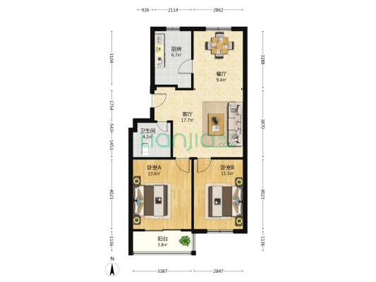 银泰文馨园 2室2厅1卫 85平方