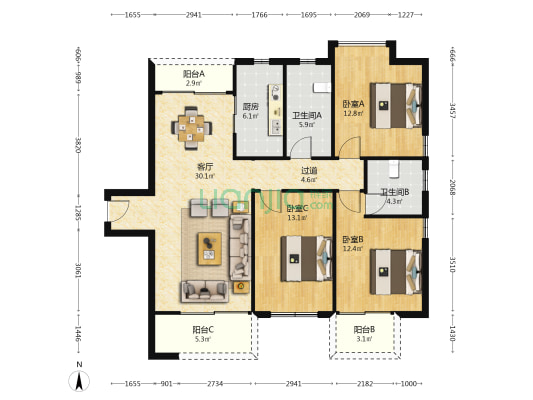 观澜湖·上东区二区 3室1厅2卫 102平方