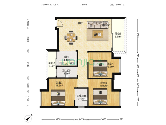 顺发豪庭 3室1厅2卫 89平方