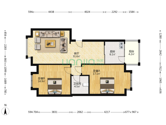 凯蒂苑 2室1厅1卫 94平方