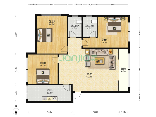 中南街80号附3号 3室1厅2卫 138平方