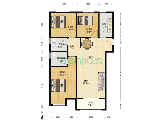 正商汇航佳苑 3室1厅2卫 130平方