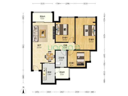 香木林宽景 3室1厅1卫 97平方
