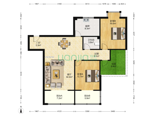太平洋金海岸 2室1厅1卫 119平方