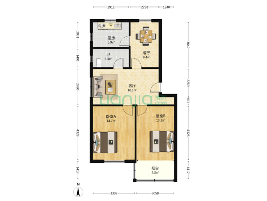 海元新村 2室2厅1卫 82平方