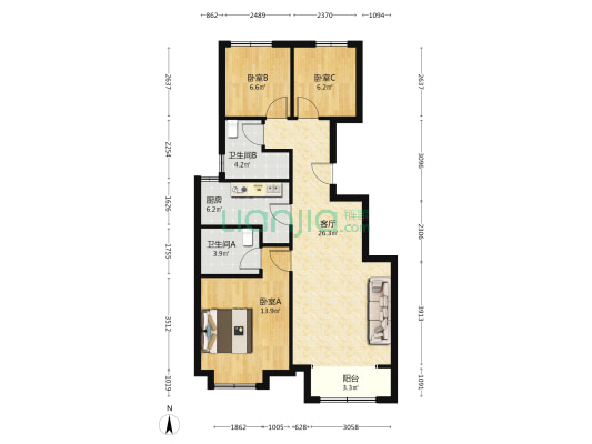 雅韵园 3室1厅2卫 100平方