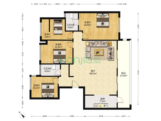 华远海蓝城一期 4室2厅2卫 146平方