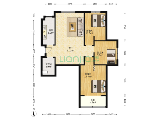 中昊·揽月湾 3室1厅1卫 115平方