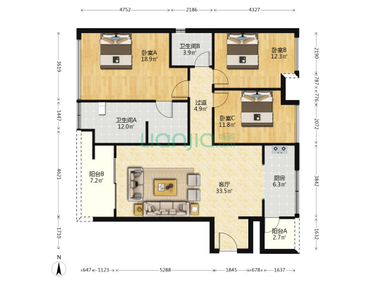 两江曲院风荷傲风邸 3室1厅2卫 130平方