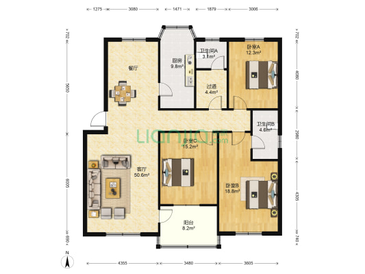 四通阳光新村 3室1厅2卫 152平方