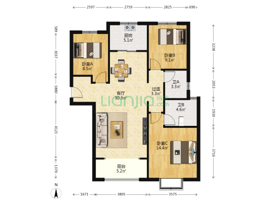 康德郡 3室1厅2卫 118平方