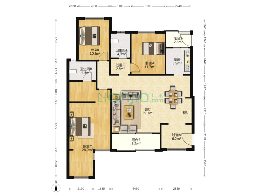 中铁逸都国际F区 3室1厅2卫 149平方