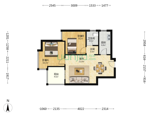 华洲城领誉 2室1厅1卫 66平方