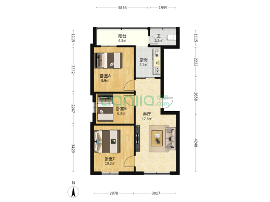 市粮食局宿舍 3室1厅1卫 66平方