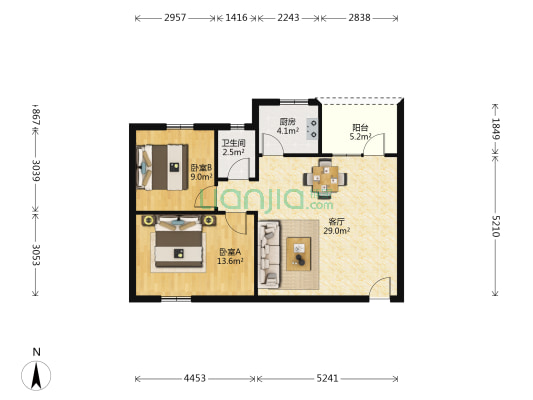 华景新城雅怡居 2室1厅1卫 75平方