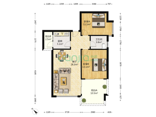 蓝色经典 2室1厅1卫 86平方